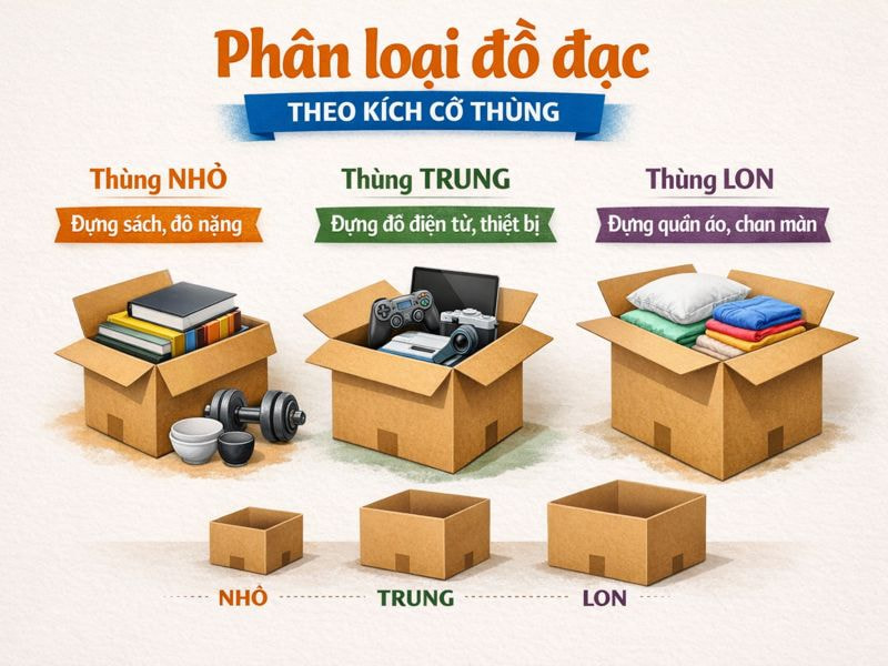 Cách sử dụng thùng carton chuyển nhà hiệu quả và an toàn 8 Phân loại đồ đạc theo kích cỡ thùng (Đừng ham thùng to)