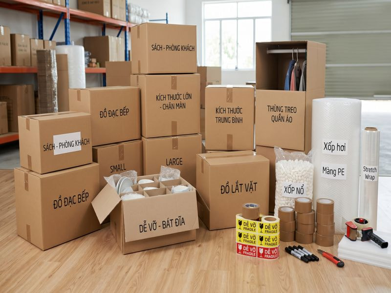 Các loại thùng carton và vật tư đóng gói chuyển nhà đường dài