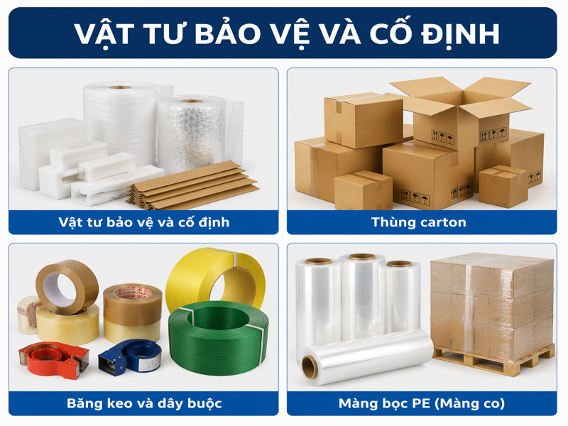 Vật tư bảo vệ và cố định đồ đạc thùng carton, băng dính, màng pe