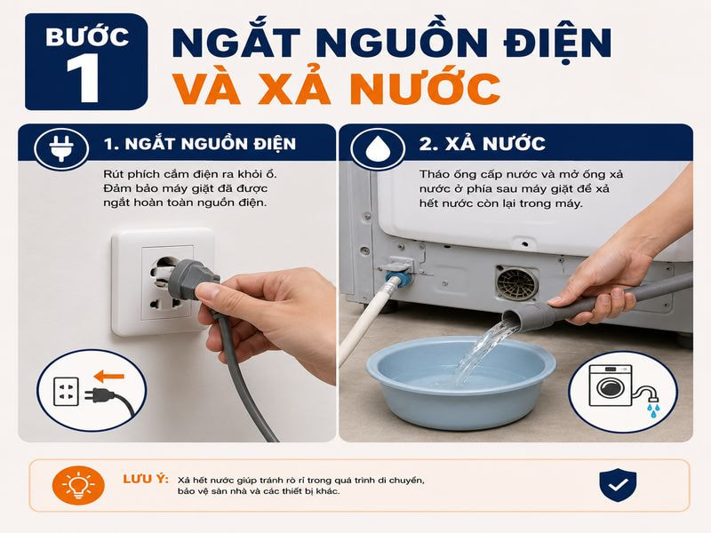 Cách đóng gói máy giặt khi chuyển nhà đơn giản, đúng cách 10 Bước 1:Ngắt nguồn điện và xả nước