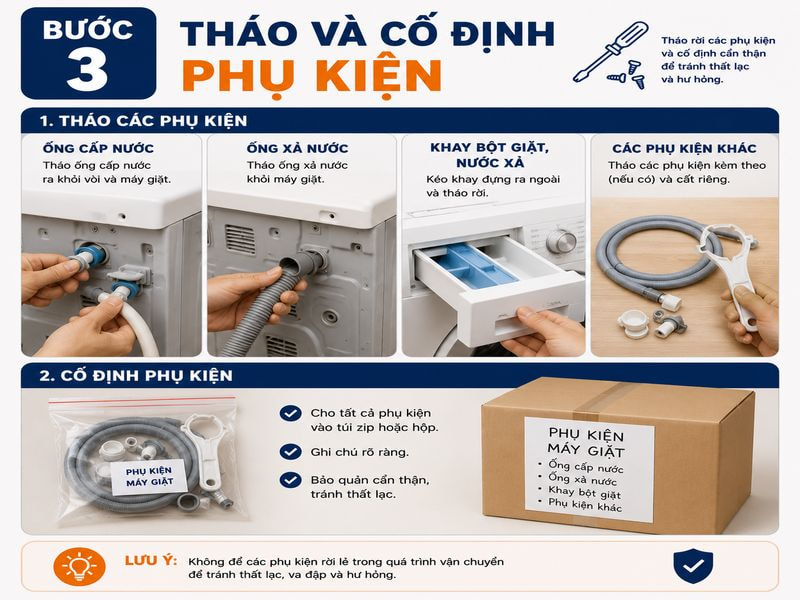 Cách đóng gói máy giặt khi chuyển nhà đơn giản, đúng cách 12 Bước 3: Tháo và cố định phụ kiện
