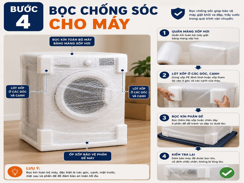 Cách đóng gói máy giặt khi chuyển nhà đơn giản, đúng cách 13 Bước 4: Bọc chống sốc cho máy