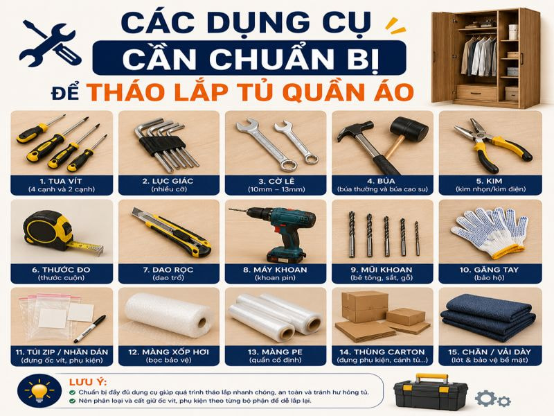 Hướng dẫn tháo lắp tủ quần áo khi chuyển nhà đúng kỹ thuật 8 Các dụng cụ cần chuẩn bị để tháo lắp tủ quần áo