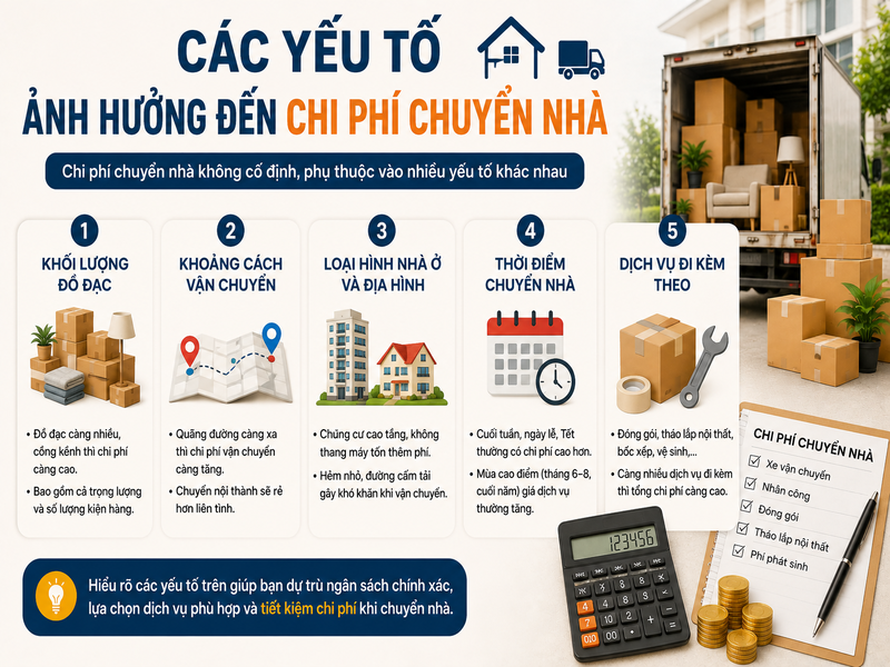 Chi phí chuyển nhà là bao nhiêu? Cách tính và bảng giá chi tiết 9 Các yếu tố ảnh hưởng đến chi phí chuyển nhà