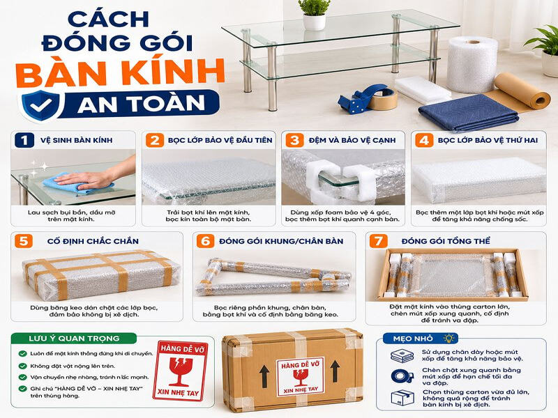 Cách đóng gói bàn kính an toàn
