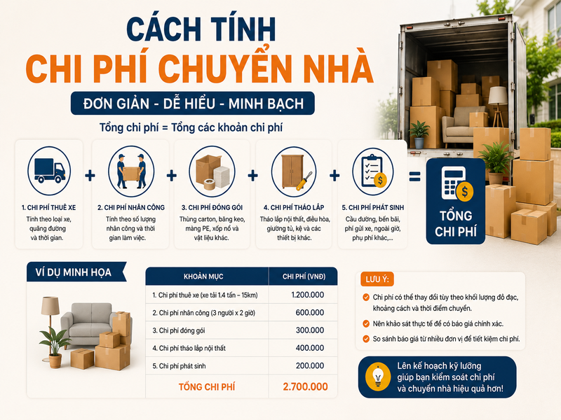 Chi phí chuyển nhà là bao nhiêu? Cách tính và bảng giá chi tiết 10 Cách tính chi phí chuyển nhà đơn giản