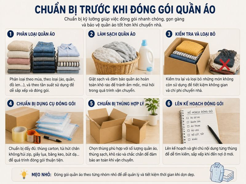 Cách đóng gói quần áo khi chuyển nhà gọn, không nhăn 8 Chuẩn bị trước khi đóng gói quần áo