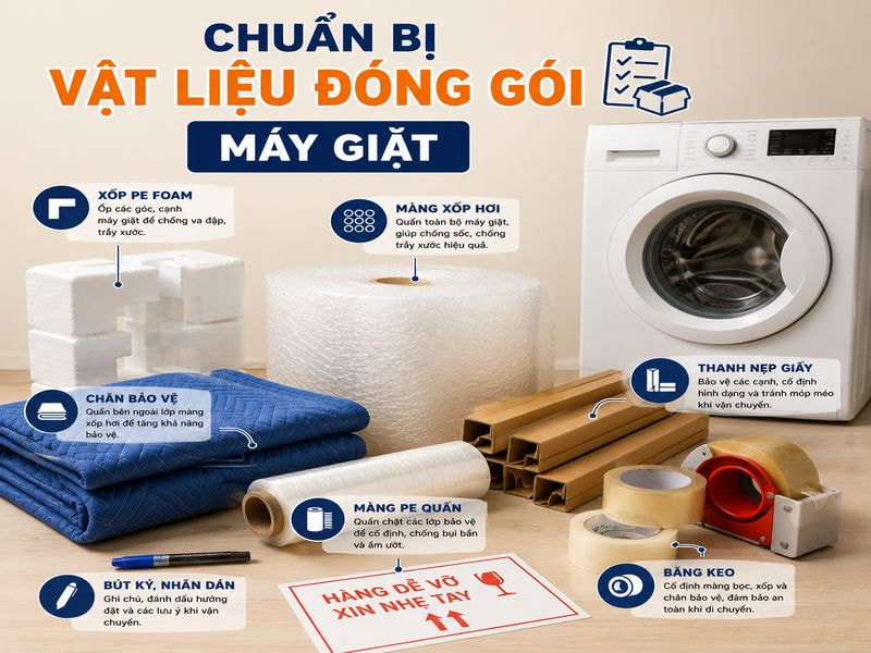 Cách đóng gói máy giặt khi chuyển nhà đơn giản, đúng cách 9 Chuẩn bị vật liệu đóng gói máy giặt
