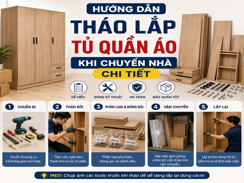 Hướng dẫn tháo lắp tủ quần áo khi chuyển nhà đúng kỹ thuật 9 Hướng dẫn tháo lắp tủ quần áo khi chuyển nhà chi tiết