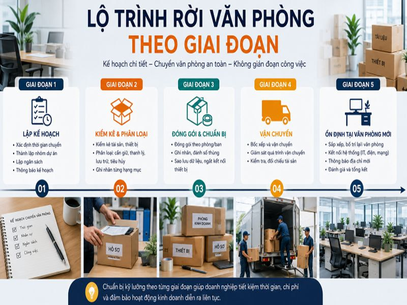 Chia sẻ kinh nghiệm chuyển văn phòng an toàn, không thất lạc 9 Lộ trình rời văn phòng theo giai đoạn