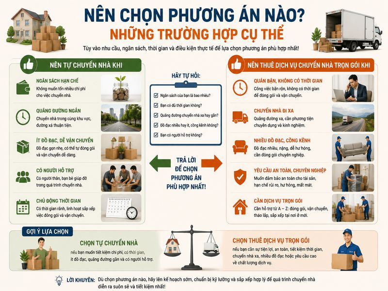 Nên tự chuyển nhà hay thuê dịch vụ? So sánh chi tiết từ A-Z 10 Nên chọn phương án nào? Những trường hợp cụ thể