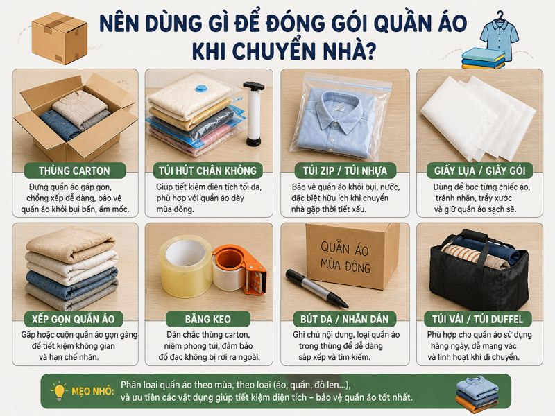 Cách đóng gói quần áo khi chuyển nhà gọn, không nhăn 9 Nên dùng gì để đóng gói quần áo khi chuyển nhà?