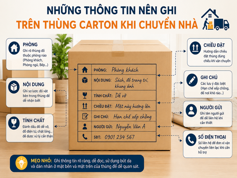Ghi chú dán nhãn thùng khi chuyển nhà khoa học, gọn gàng 8 Những thông tin nên ghi trên thùng carton khi chuyển nhà