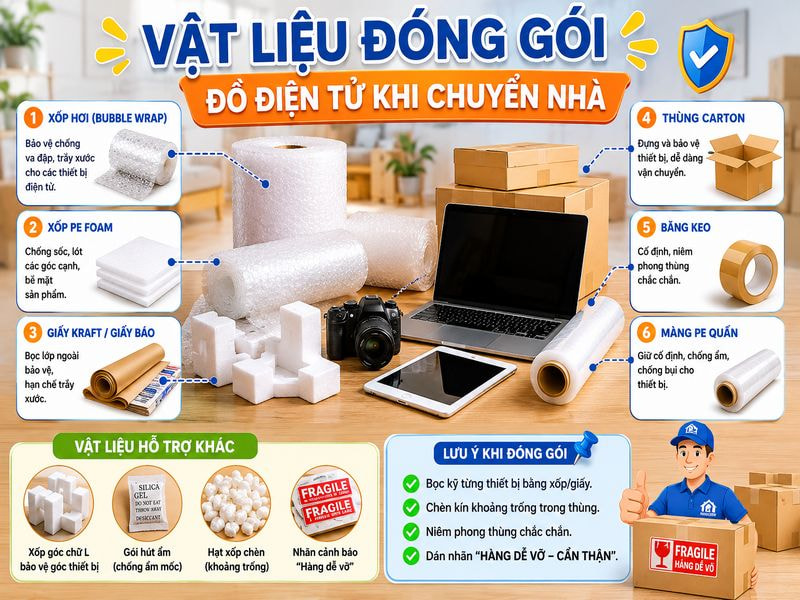 Hướng dẫn chi tiết đóng gói đồ điện tử khi chuyển nhà 9 Vật liệu đóng gói đồ điện tử khi chuyển nhà