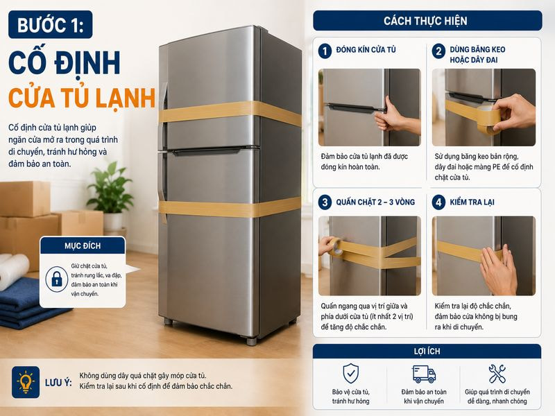 Bước 1: Cố định cửa tủ lạnh