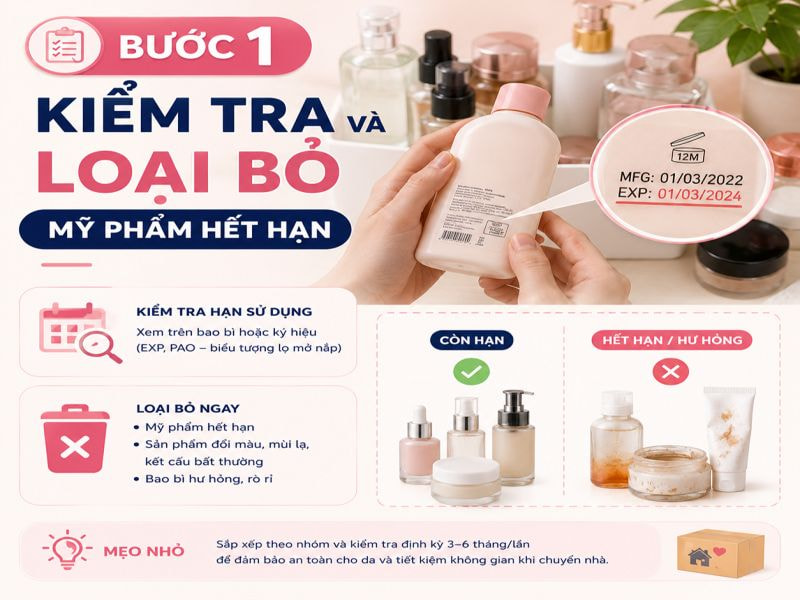 Bước 1: Kiểm tra và loại bỏ mỹ phẩm hết hạn