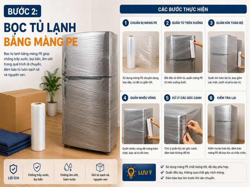 Bước 2: Bọc tủ lạnh bằng màng PE