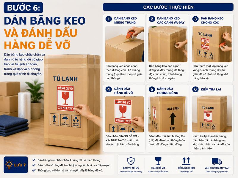 Bước 6: Dán băng keo và đánh dấu hàng dễ vỡ
