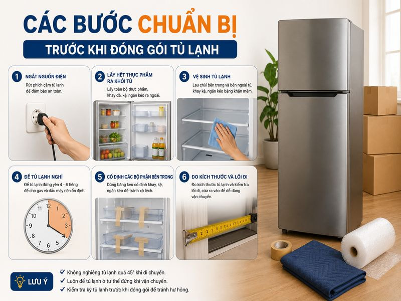 Các bước chuẩn bị trước khi đóng gói tủ lạnh