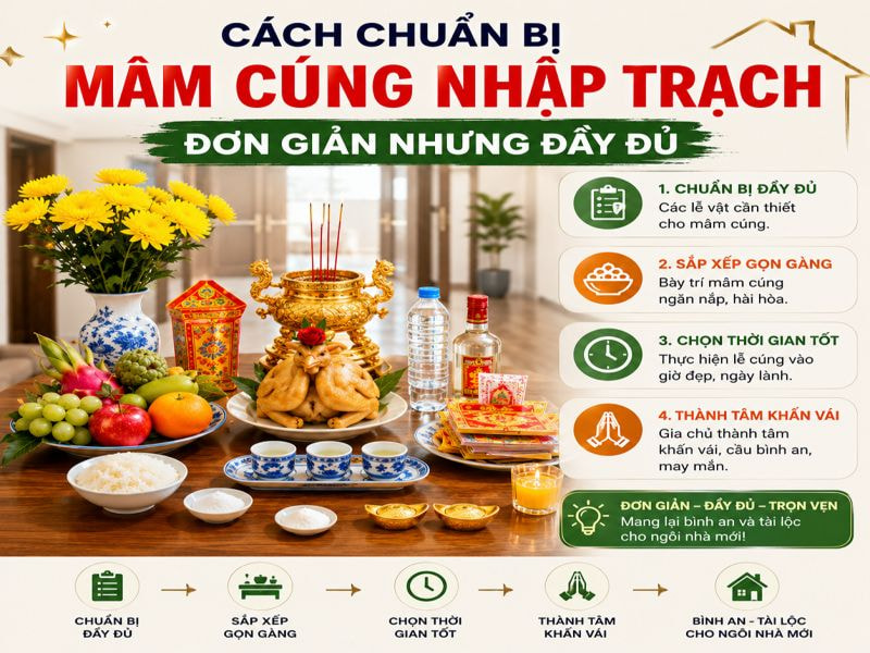 Mâm cúng nhập trạch gồm những gì? Hướng dẫn đầy đủ 8 Cách chuẩn bị mâm cũng nhập trạch đơn giản nhưng đầy đủ