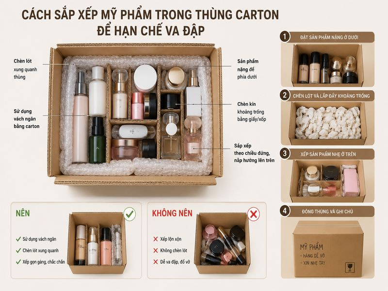 Cách sắp xếp mỹ phẩm trong thùng carton để hạn chế va đập
