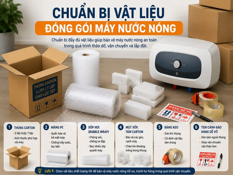 7 bước đóng gói máy nước nóng khi chuyển nhà đơn giản 9 Chuẩn bị vật liệu đóng gói máy nước nóng