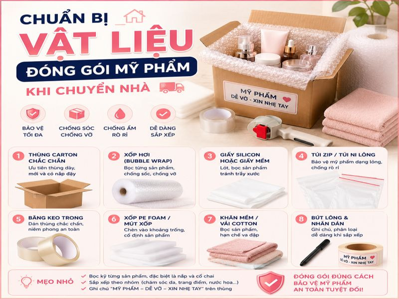 Chuẩn bị vật liệu đóng gói mỹ phẩm khi chuyển nhà