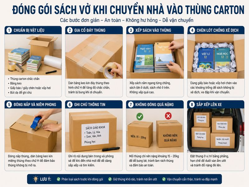 Cách đóng gói sách vở khi chuyển nhà an toàn và gọn gàng 9 Đóng gói sách vở khi chuyển nhà vào thùng carton