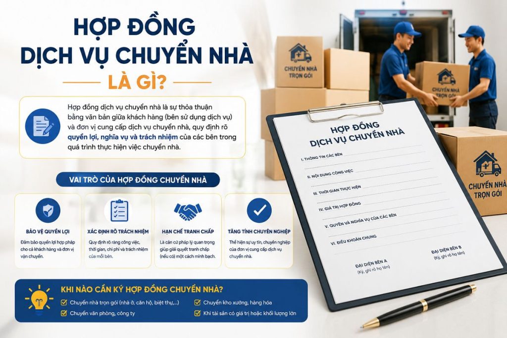 Hợp đồng dịch vụ chuyển nhà: Mẫu chuẩn, nội dung cần có 1 Hợp đồng dịch vụ chuyển nhà là gì?