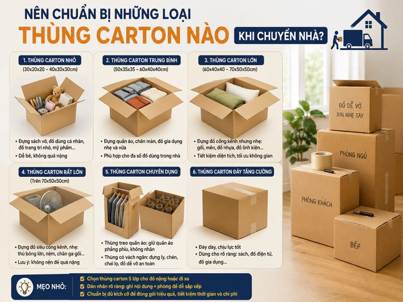Danh sách A-Z điều cần làm trước khi chuyển vào nhà mới 10 Nên chuẩn bị những loại thùng carton nào khi chuyển nhà?