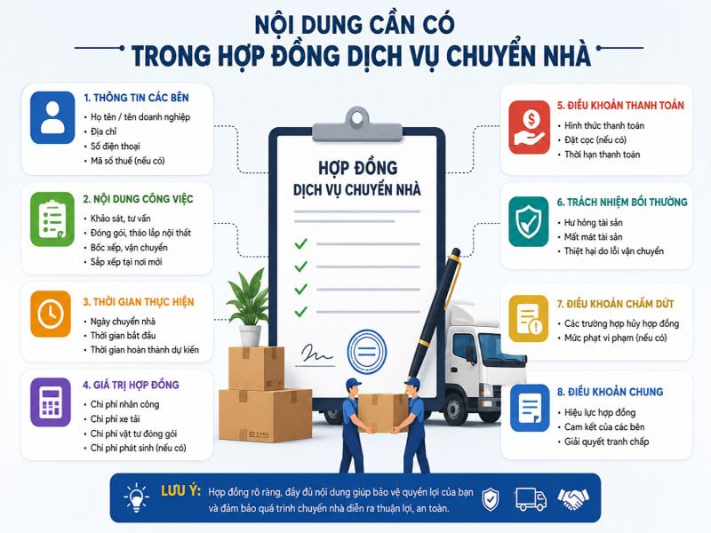 Hợp đồng dịch vụ chuyển nhà: Mẫu chuẩn, nội dung cần có 8 Nội dung cần có trong hợp đồng dịch vụ chuyển nhà
