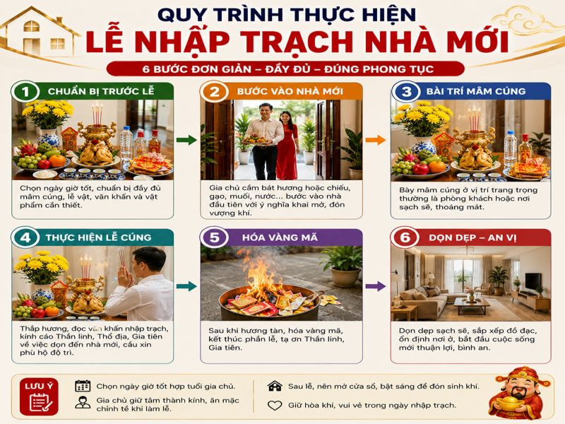 Mâm cúng nhập trạch gồm những gì? Hướng dẫn đầy đủ 10 Quy trình thực hiện lễ nhập trạch nhà mới