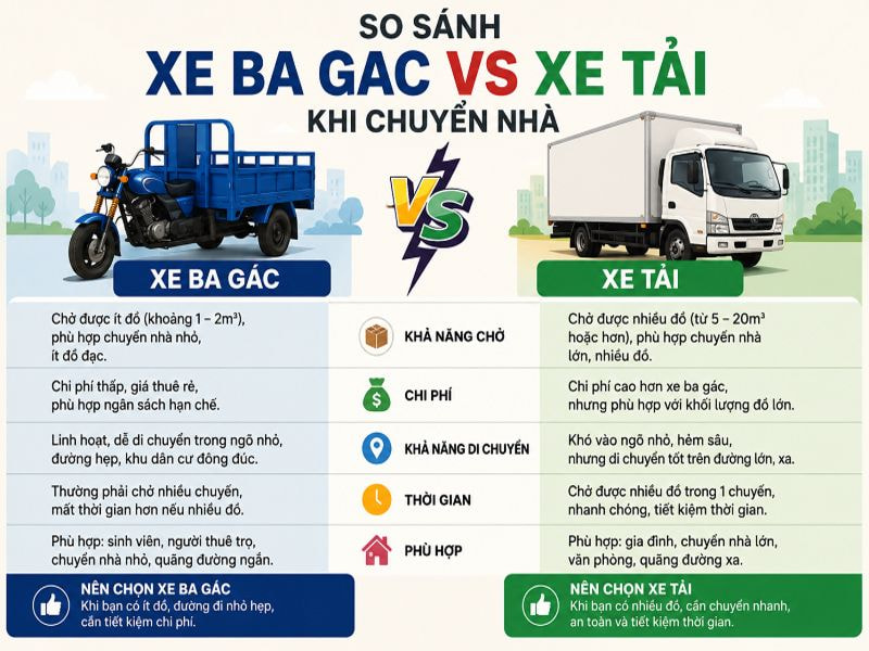 So sánh xe ba gác và xe tải khi chuyển nhà