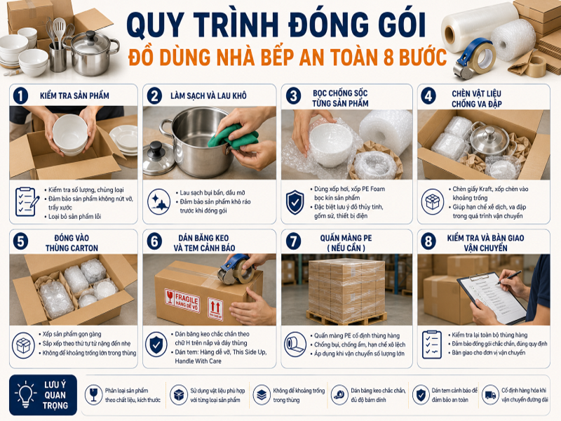 Hướng dẫn đóng gói đồ dùng nhà bếp chi tiết từ A- Z 9 Quy trình đóng gói đồ dùng nhà bếp an toàn 8 bước
