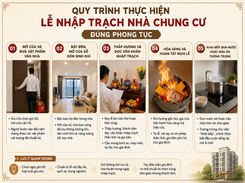 Lễ nhập trạch nhà chung cư: Ý nghĩa, thủ tục và điều cần biết 9 Quy trình thực hiện lễ nhập trạch nhà chung cư đúng phong tục
