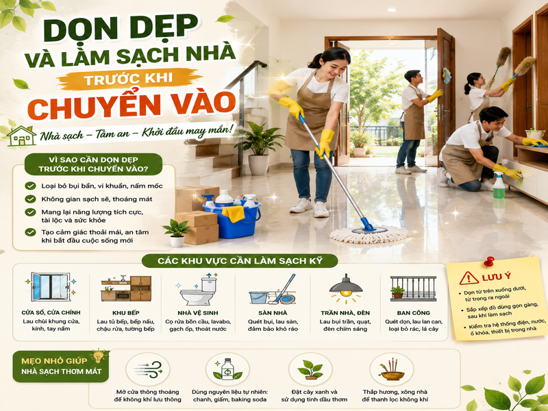 Dọn dẹp và làm sạch nhà trước khi chuyển vào