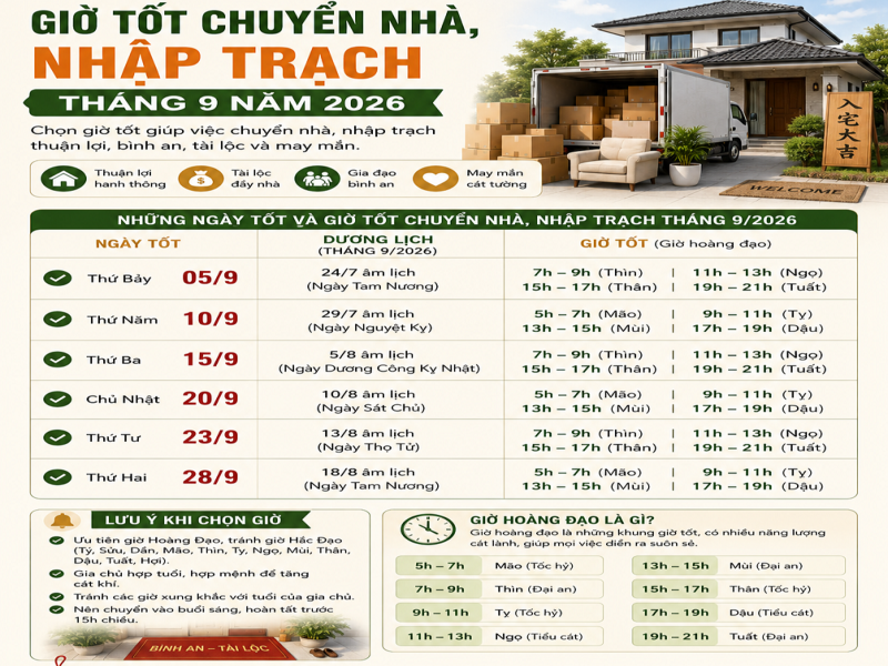 Ngày tốt chuyển nhà tháng 9 năm 2026: Ngày nhập trạch hợp tuổi 9 Giờ tốt chuyển nhà, nhập trạch tháng 9 năm 2026