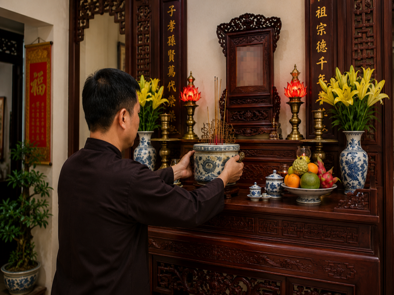 Hình ảnh gia chủ đang thực hiện thao tác an vị bát hương lên bàn thờ mới
