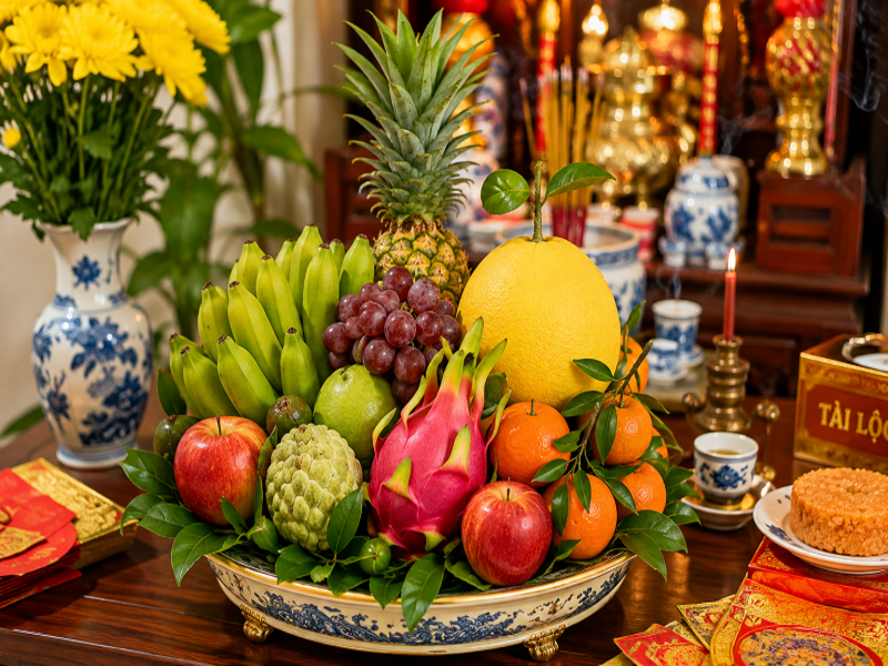 Mâm trái cây cúng nhập trạch tươi ngon thể hiện lòng thành của gia chủ khi về nhà mới.