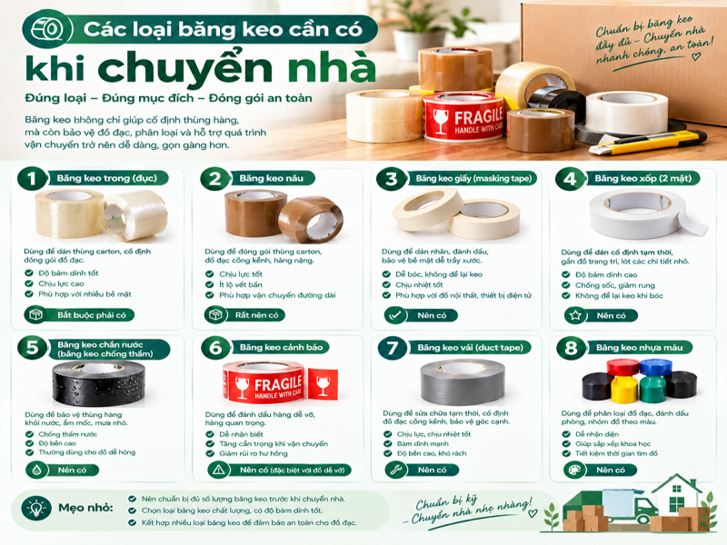 Các vật dụng cần thiết khi tự chuyển nhà: Checklist đầy đủ 9 Các loại băng keo cần có khi chuyển nhà