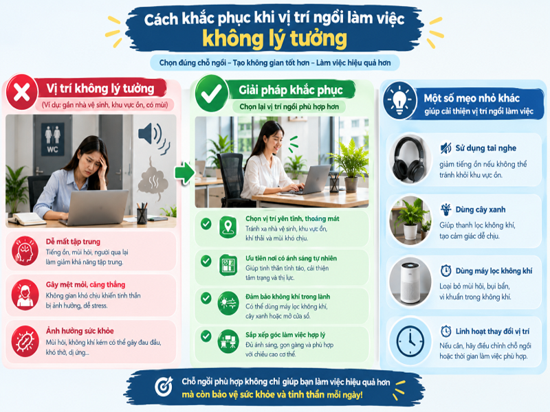 Vị trí ngồi làm việc nên và không nên: Cách chọn chỗ phù hợp 10 Cách khắc phục khi vị trí ngồi làm việc không lý tưởng