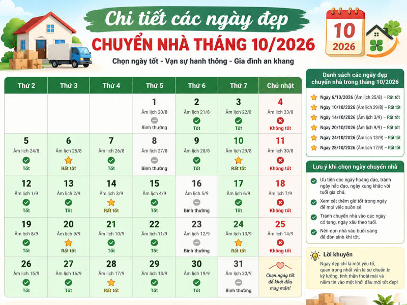 Chi tiết các ngày đẹp chuyển nhà tháng 10/2026