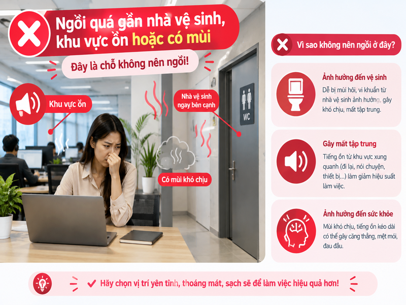 Vị trí ngồi làm việc nên và không nên: Cách chọn chỗ phù hợp 9 Ngồi quá gần nhà vệ sinh, khu vực ồn hoặc có mùi