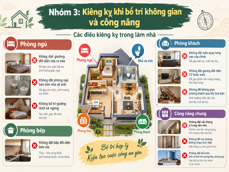 Các điều kiêng kỵ trong làm nhà gia chủ cần biết 10 Nhóm 3: Kiêng kỵ khi bố trí không gian và công năng