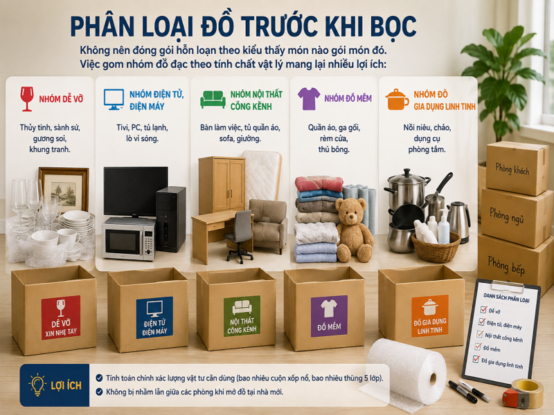 Cách bọc lót đồ chuyển nhà đơn giản, hạn chế trầy xước 9 Phân loại đồ trước khi bọc