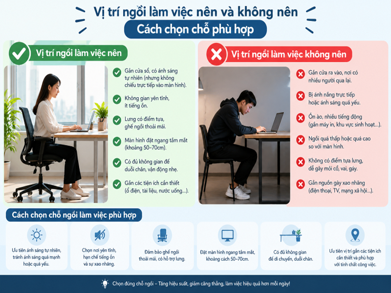 Vị trí ngồi làm việc nên và không nên: Cách chọn chỗ phù hợp 8 Vị trí ngồi làm việc nên và không nên