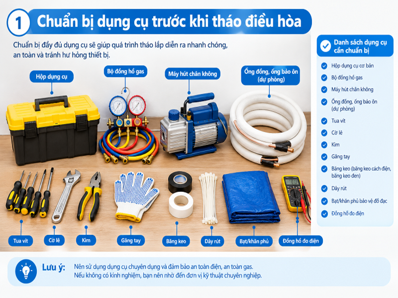 Tháo lắp điều hòa khi chuyển nhà | Hướng dẫm đúng kỹ thuật 8 Chuẩn bị dụng cụ tháo điều hòa