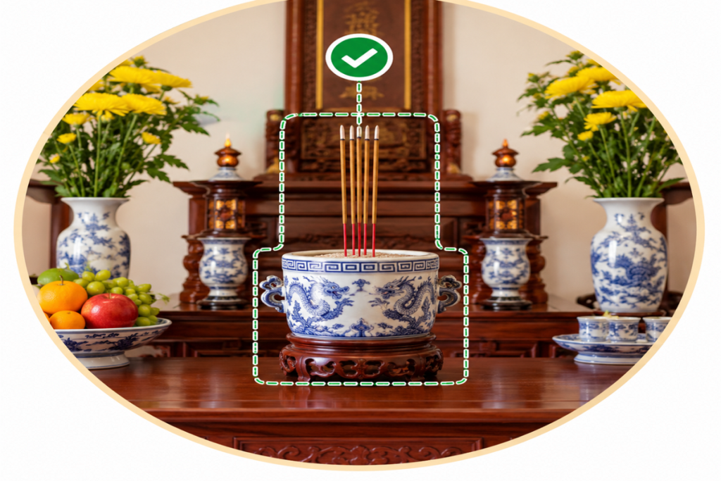 Vị trí đặt bát hương trên bàn thờ gia tiên đúng cách 1 Vị trí đặt bắt hương trên bàn thờ gia tiên đúng cách